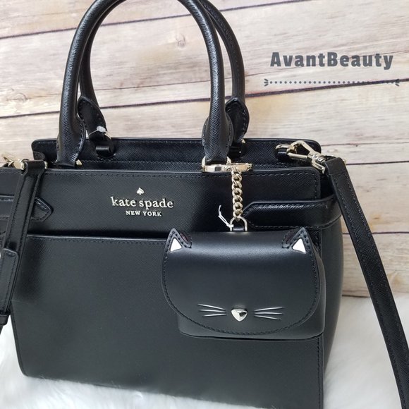 Kate Spade New York Staci Medium Satchel Black Crossbody With Cat Meow Key Fob - Picture 11 of 15